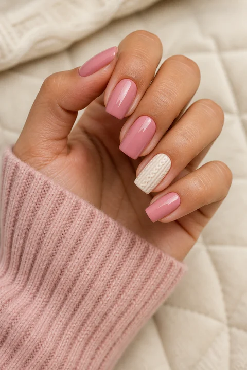 Rose pink sweater ribbing with one cream raised cable accent on medium squoval nails, natural window light hand pose, medium skin, matte and satin finish