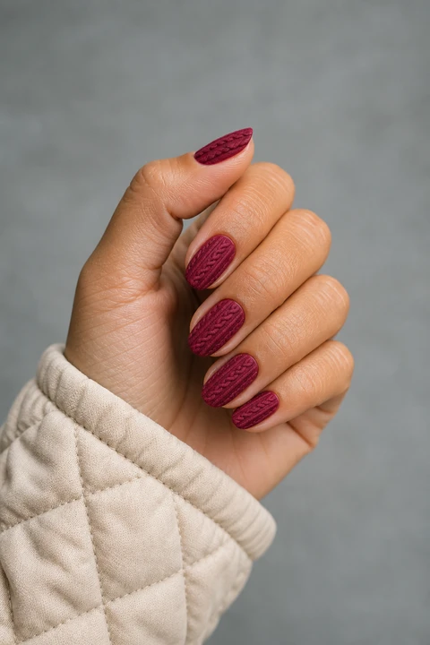 Berry pink tonal cable diamond sweater texture on short almond nails, soft daylight hand pose, deep brown skin, satin finish