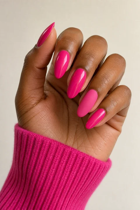 Bright fuchsia pink raised sweater ribs with one matte accent on long oval nails, daylight hand pose, medium-deep skin, velvet finish
