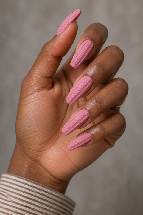 Berry pink raised diagonal cable braids on medium coffin nails, natural daylight hand pose, rich brown skin, matte finish