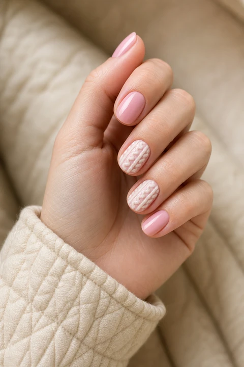 Pale pink and cream sweater-pattern bands on short rounded nails, soft daylight hand pose, fair-to-light skin, satin finish