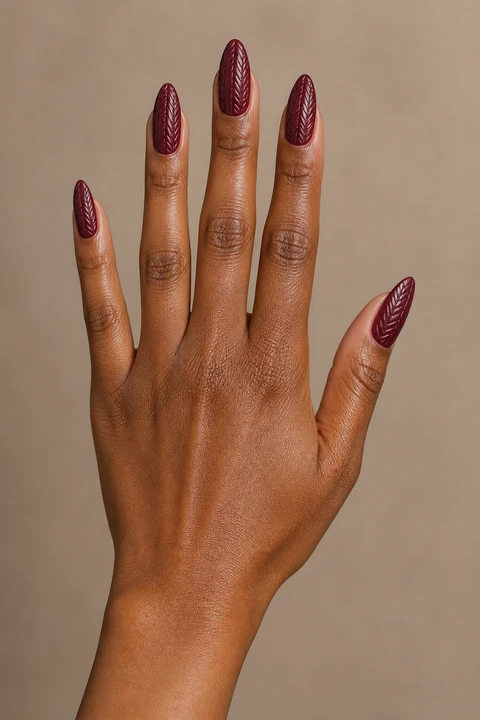 Wine rose raised herringbone sweater texture on long almond nails, natural daylight hand pose, medium skin, glossy finish