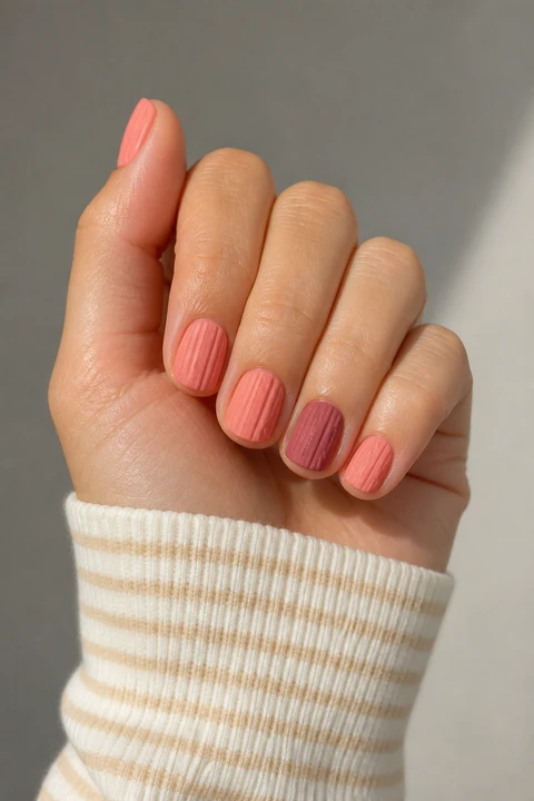 Coral pink fine micro-ribbed sweater texture on very short squoval nails, soft daylight hand pose, light olive skin, satin finish