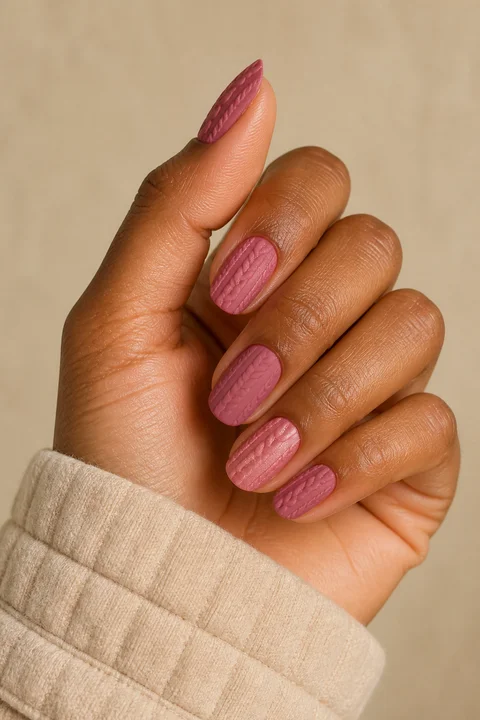 Dusty berry chunky cable-knit texture on medium round nails, natural daylight hand pose, tan-to-deep skin, matte finish