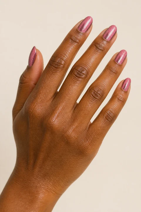 Rose pink raised herringbone sweater texture with a tonal plum accent on medium almond nails, soft daylight hand pose, rich brown skin, satin finish
