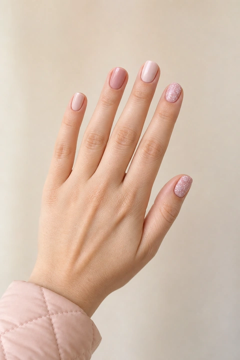 Dusty pink glossy short rounded-square winter nails on a fair skin tone, shown on one relaxed open hand with a quilted cuff and connected short wrist