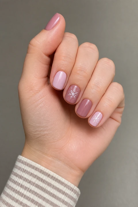 Mauve blush glossy short squoval winter nails on a light skin tone, shown on one softly curled hand with a narrow stripe cuff and connected short wrist