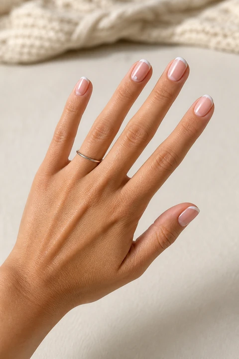 Pale blush chrome French short oval winter nails on a light olive skin tone, shown on one side-angled hand with a tiny silver ring and connected short wrist