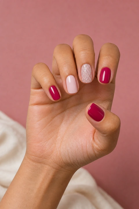 Deep raspberry and pale blush glossy short rounded-square winter nails on a medium skin tone, shown on one hand in a soft staircase pose with connected short wrist