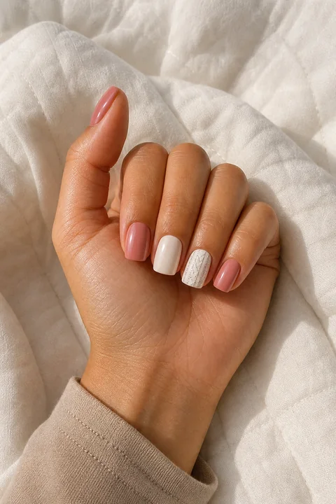 Rose pink and ivory glossy short squoval winter nails on a tan skin tone, shown on one hand resting at a fingertip angle with a quilted cuff and connected short wrist
