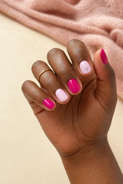 Fuchsia and pale pink glossy short rounded nails on a rich dark brown skin tone, shown on one hand in a low side staircase pose with one tiny gold ring and connected short wrist