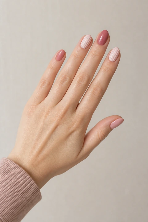 Pale pink and rose glossy short almond winter nails on a fair skin tone, shown on one hand in a palm-down diagonal pose with a muted blush cuff and connected short wrist