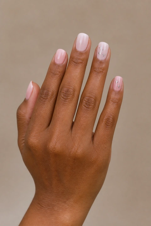 Icy blush pink glossy short rounded-square winter nails with tiny silver stars on a medium-deep brown skin tone, shown on one upright open hand with a connected short wrist