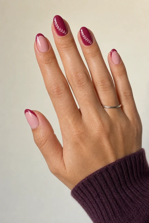 Blush pink and cranberry glossy medium-short almond winter nails with white vine accents on a light olive skin tone, shown on one hand with a plum cuff and connected short wrist