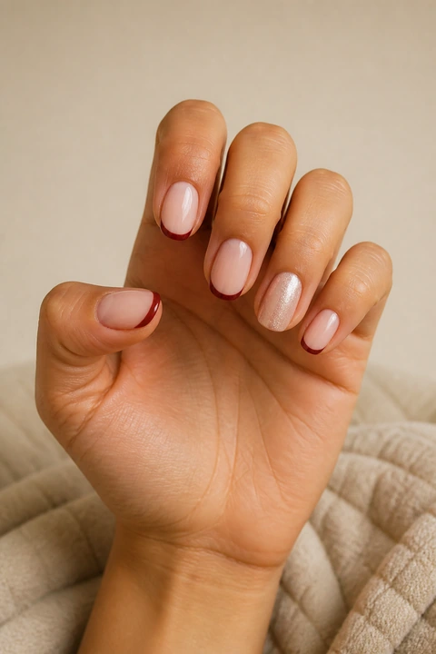 Milky pink glossy short oval nails with berry micro-French tips on a tan skin tone, shown on one palm-up curled hand with a quilted textile and connected short wrist