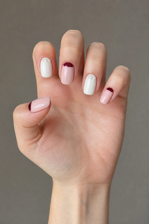 Cool pink and soft white glossy medium rounded-square winter nails with burgundy half-moons and pearl dots on a fair skin tone, shown on one palm-up hand with a connected short wrist