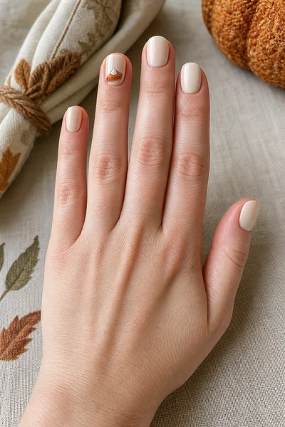 Cream pumpkin pie accent on short oval nails with glossy finish, relaxed hand pose, fair skin tone