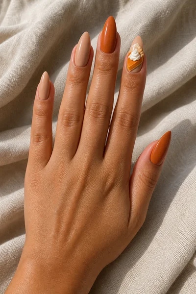 Pumpkin pie and whipped cream nail art on almond nails with glossy finish, lifted wrist pose, tan skin tone