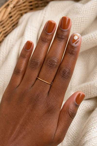 Caramel pumpkin pie slice on deep brown almond nails, glossy three quarter hand pose, deep brown skin tone