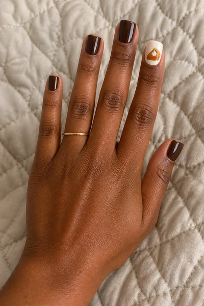 Chocolate pumpkin pie short square nail set with glossy finish, relaxed diagonal hand pose, warm deep skin tone