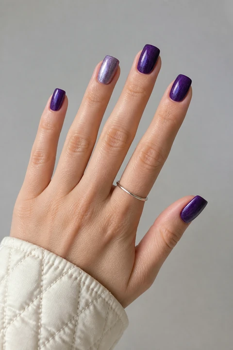 Deep purple shimmer nails on medium square tips with light skin, a silver ring, a white quilted cuff, and a spread-finger pose in natural daylight