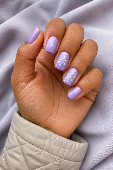Lilac nails with white snowflake accents on short square tips, medium tan skin, a cream cuff, and a curled hand pose in natural daylight