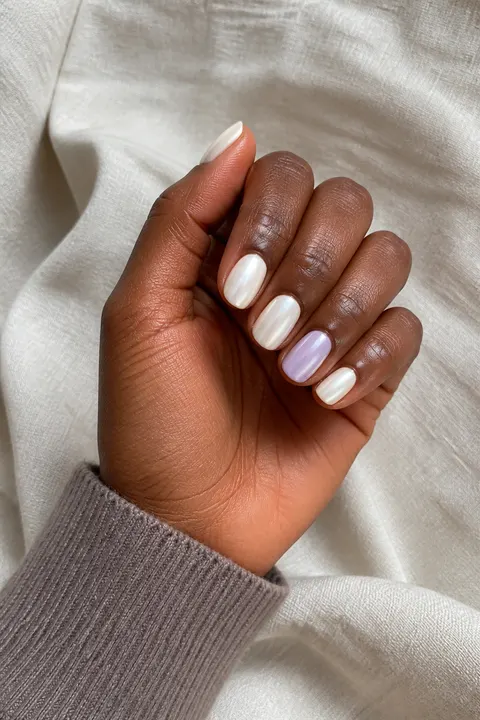 Ivory chrome oval nails on a deep warm-brown skin tone hand in a softly curled side-angle pose with a taupe ribbed cuff, visible wrist and short partial forearm, natural daylight