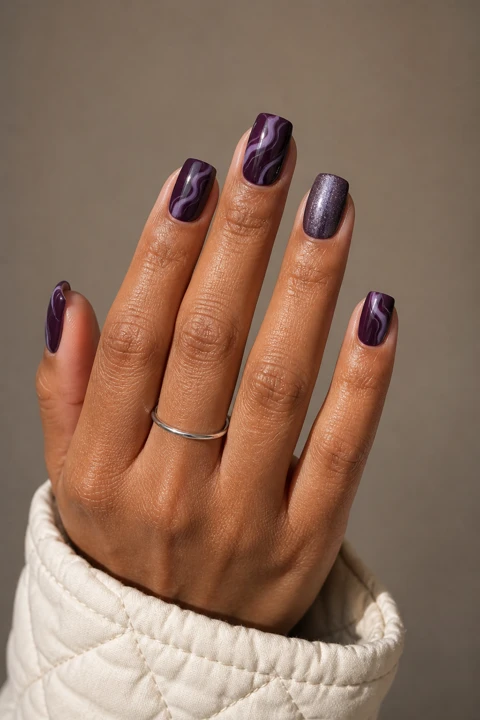 Deep plum nails with smoky lavender marbling on medium square tips, medium tan skin, a silver ring, a cream quilted cuff, and natural daylight
