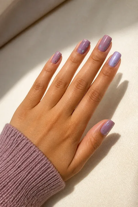 Mauve lavender nails with tiny silver snowflake accents on short square tips, medium tan skin, a mauve ribbed cuff, and a palm-down pose in natural daylight