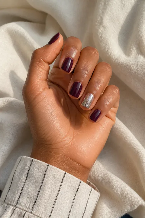 Glossy deep plum short rounded-square nails with one silver micro-shimmer accent on a medium-deep neutral brown hand in a softly curled pose with a striped cream cuff, visible wrist and short partial forearm, natural daylight