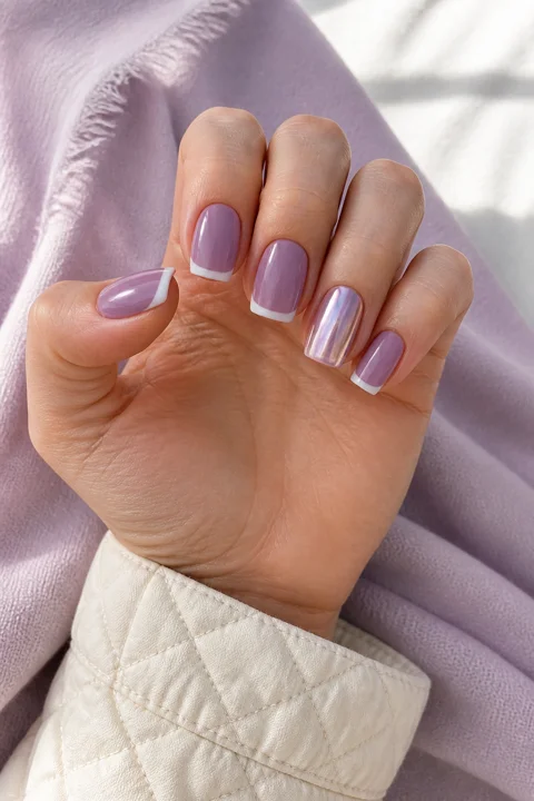 Lavender French tips with one iridescent accent on short square nails, light skin, a cream quilted cuff, and a curled hand pose in natural daylight