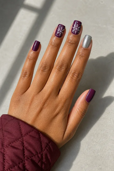 Deep plum nails with white snowflake details and one silver accent on short square tips, medium tan skin, a burgundy quilted cuff, and daylight