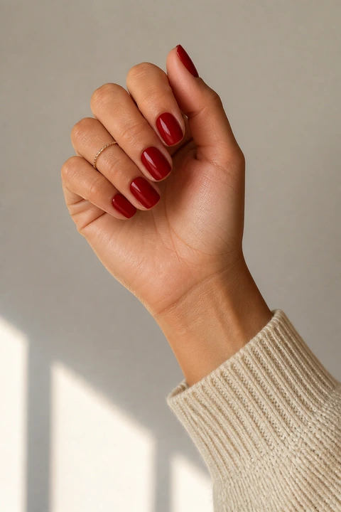 short square glossy red acrylic nails on a light olive hand with visible wrist and forearm