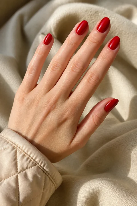 Glossy true-red medium almond nails on a fair hand in an open diagonal pose with a soft cream cuff