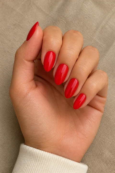 Glossy bright red medium almond nails on a light olive hand in a compact curled pose with a cream ribbed cuff
