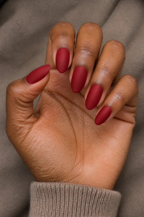 Short almond nails in deep garnet matte polish on a deep brown hand in a compact curled pose with a taupe knit cuff