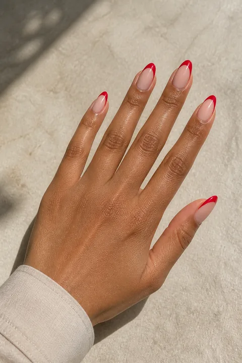 Red almond French-tip nails with sheer nude bases on a medium-deep brown hand in an open diagonal pose with a beige cuff