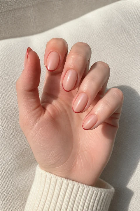 Red micro-French short almond nails with a sheer warm nude base on a fair cool-neutral hand in a curved pose with a cream cuff