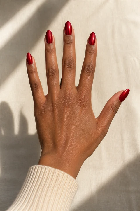 Red chrome almond French-style nails with glossy deep red colour on a rich dark-brown hand in an open fan pose with an ivory ribbed cuff