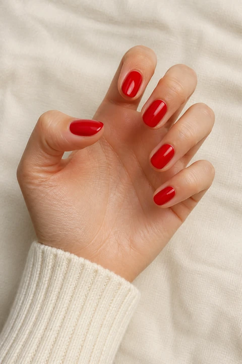 Short clean true-red glossy almond nails on a light warm-beige hand in a compact open diagonal pose with a warm ivory ribbed cuff