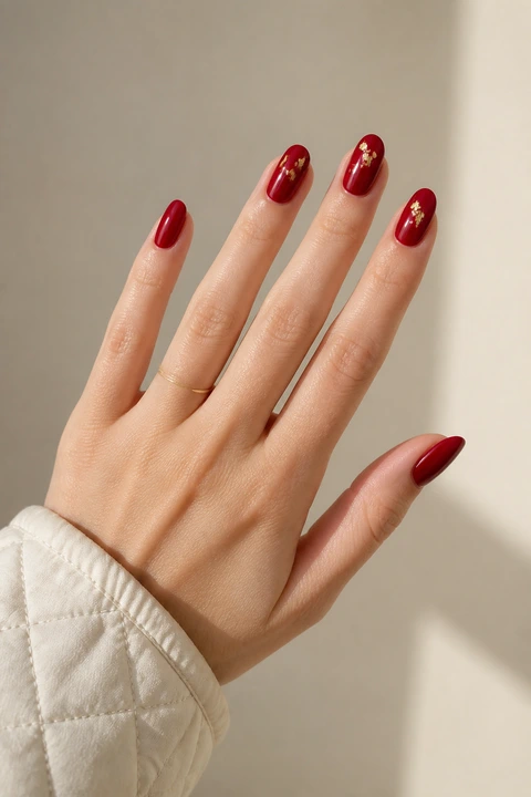 deep red glossy almond nails with gold foil on a light skin tone hand with visible wrist