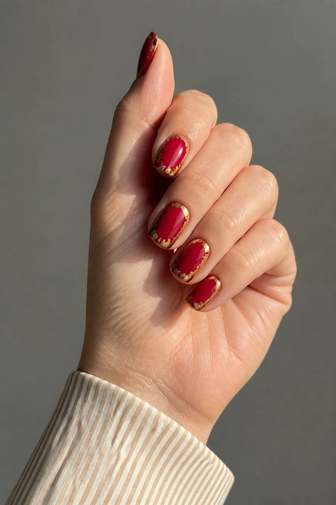 ruby red glossy square nails with gold edge foil on a warm light hand with visible wrist