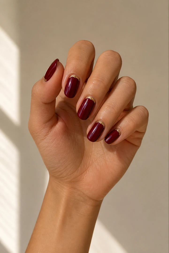 garnet red glossy rounded nails with gold crescent detail on a medium skin tone hand with visible wrist