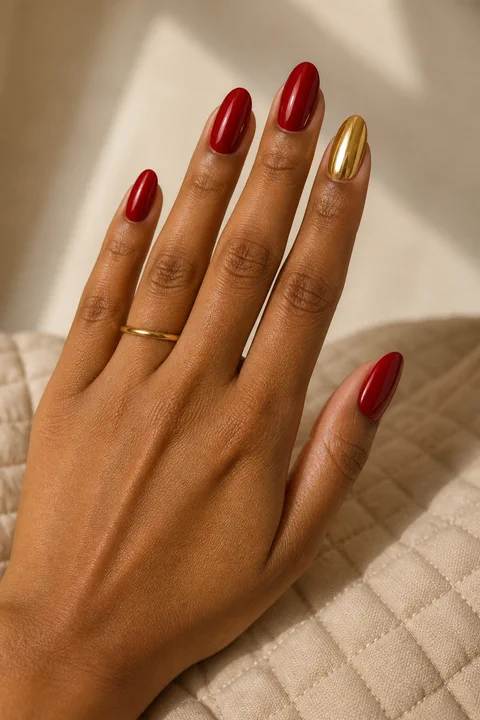 glossy red nails with one gold chrome accent on an olive skin tone hand with visible wrist
