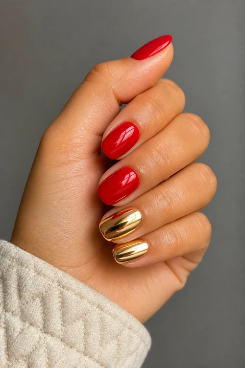glossy red nails with two gold chrome accent nails on a tan hand with visible wrist and forearm