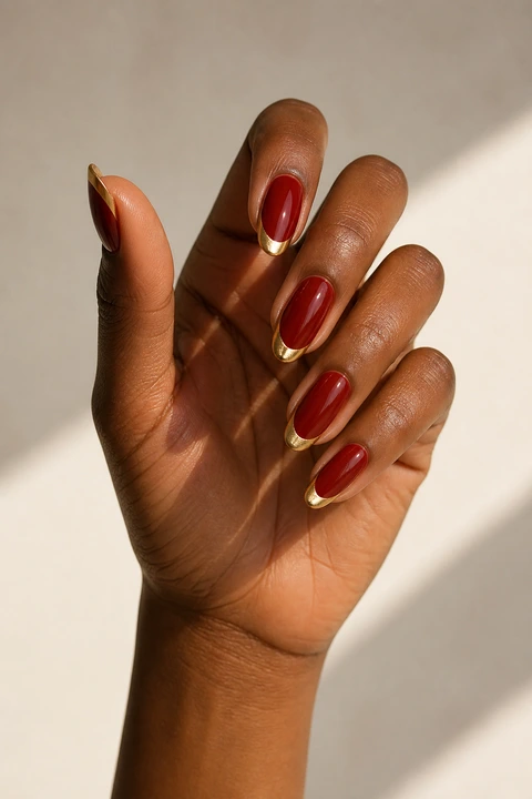 warm red almond nails with molten gold tips on a light olive hand with visible connected wrist