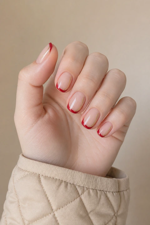 short red French tip nails with tiny gold side accents on a deep brown hand with visible wrist and forearm