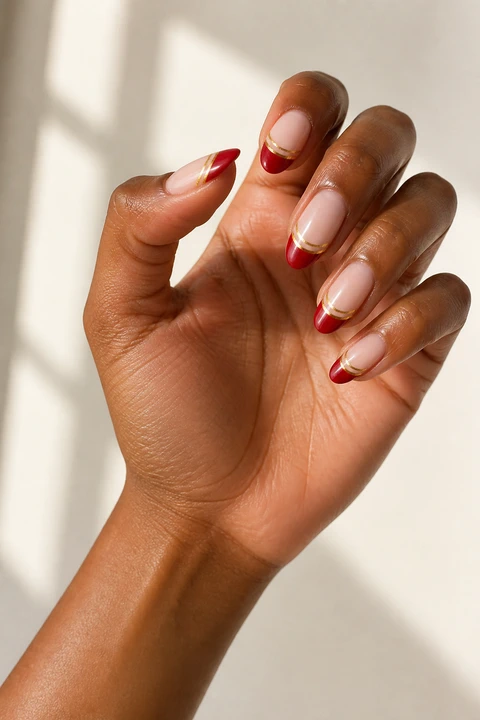 red French tip nails with double fine gold lines on a rich brown hand with visible wrist