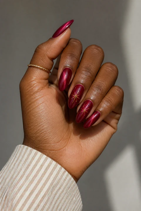 velvet ruby red nails with small gold star accents on a medium deep hand with visible wrist