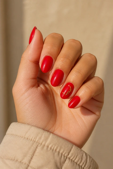 scarlet red glossy nails with delicate gold ornament detail on a tan skin tone hand with visible wrist